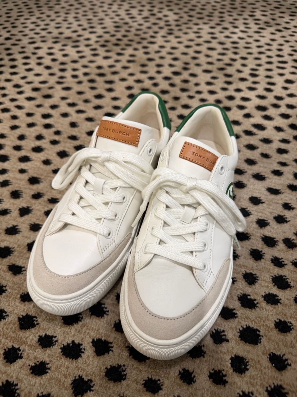 Tory Burch White Leather Sneakers with Green Logo Accent - Picture 3 of 6